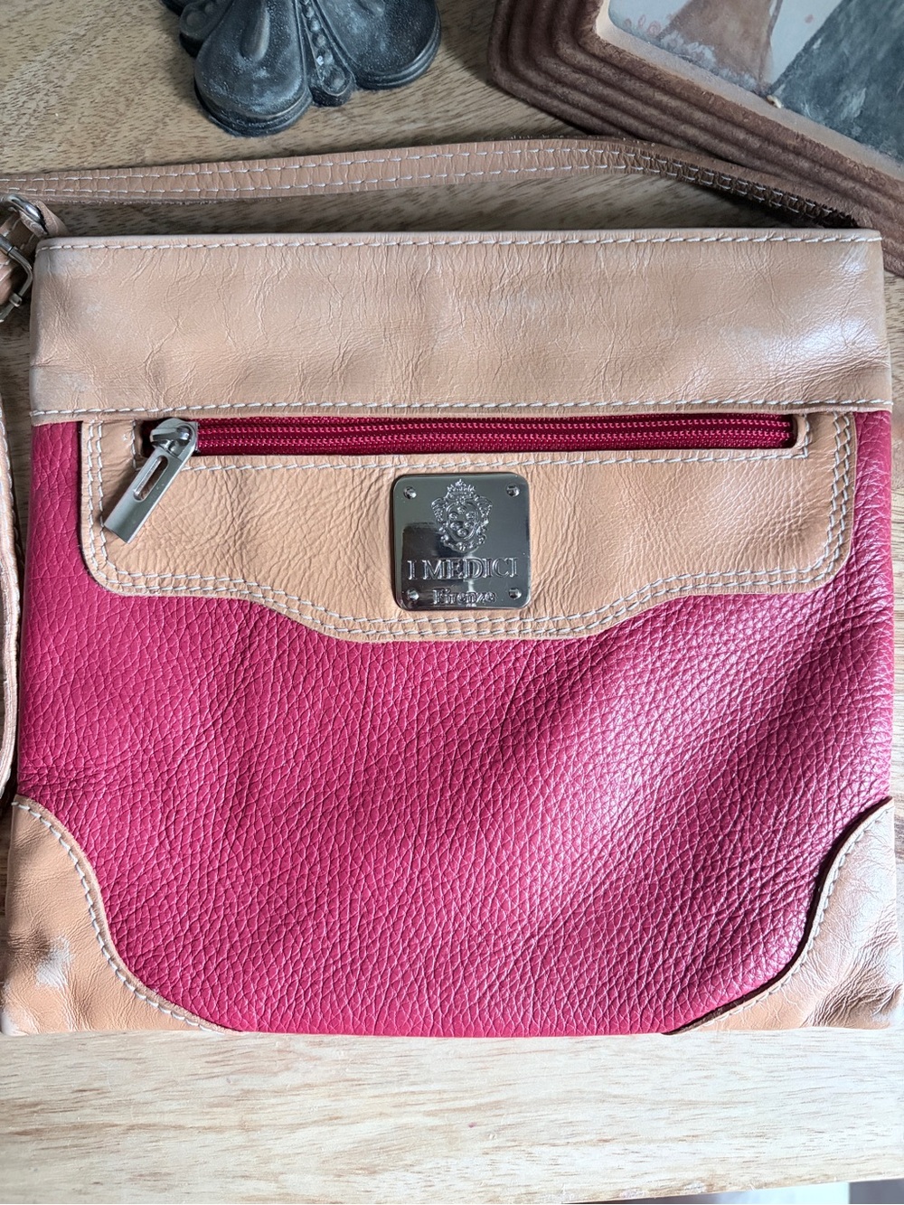 Italian Leather I Medici Crossbody Purse Red + Tan Pebbled Leather